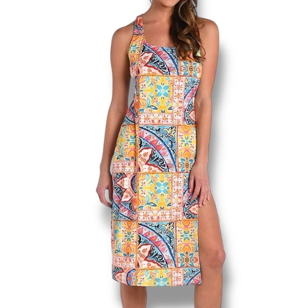 La Blanca Patchwork Midi Cover-Up Dress Resort Vacation Travel Beach Cruise Sz L